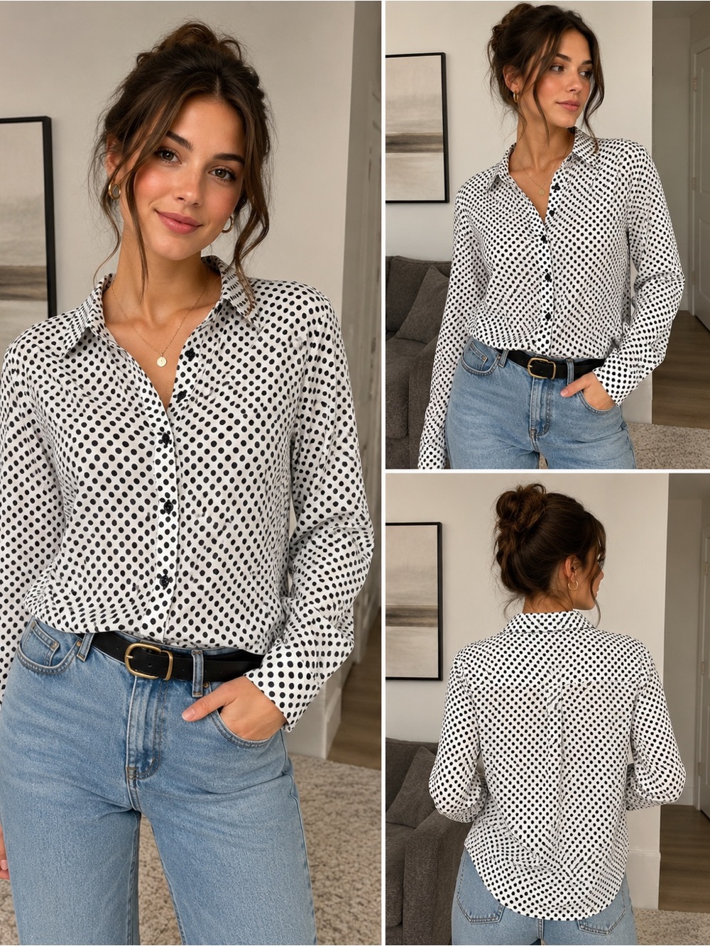 MINKPINK White Button-Down Shirt with Black Polka Dots
